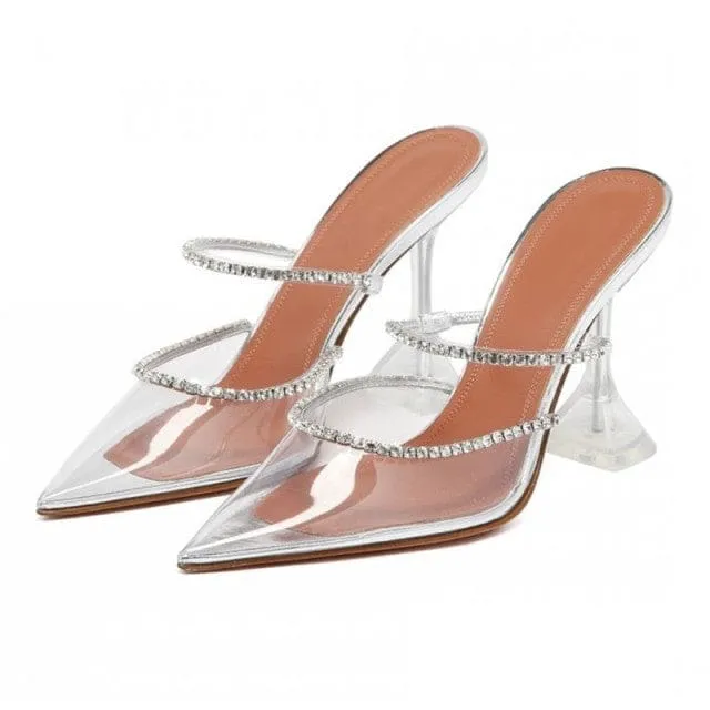 Elegant Pointed Toe Rhinestones Satin Party High Heels For Women
