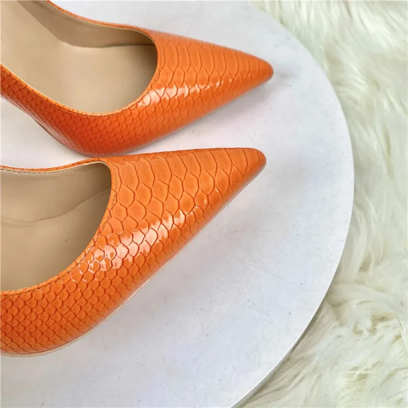 Fashion Orange woman pumps snake shoes pattern pointed toe sexy high heels