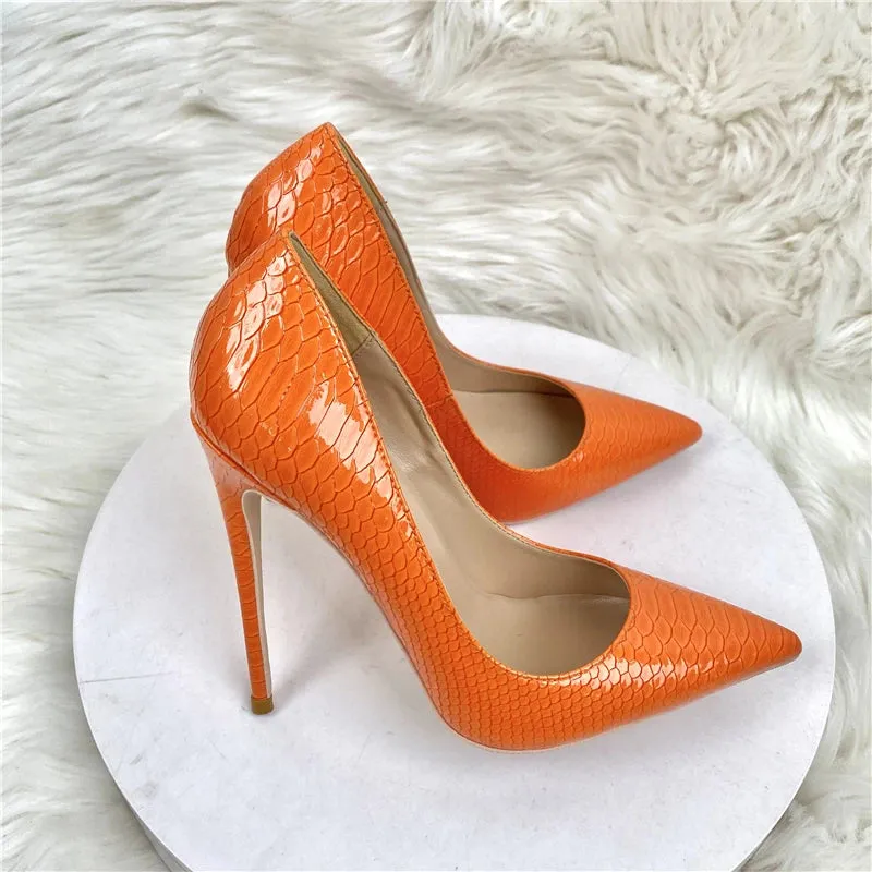 Fashion Orange woman pumps snake shoes pattern pointed toe sexy high heels