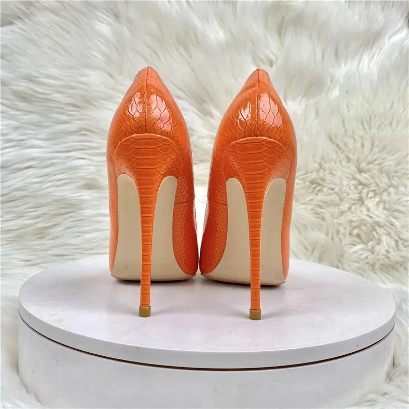 Fashion Orange woman pumps snake shoes pattern pointed toe sexy high heels