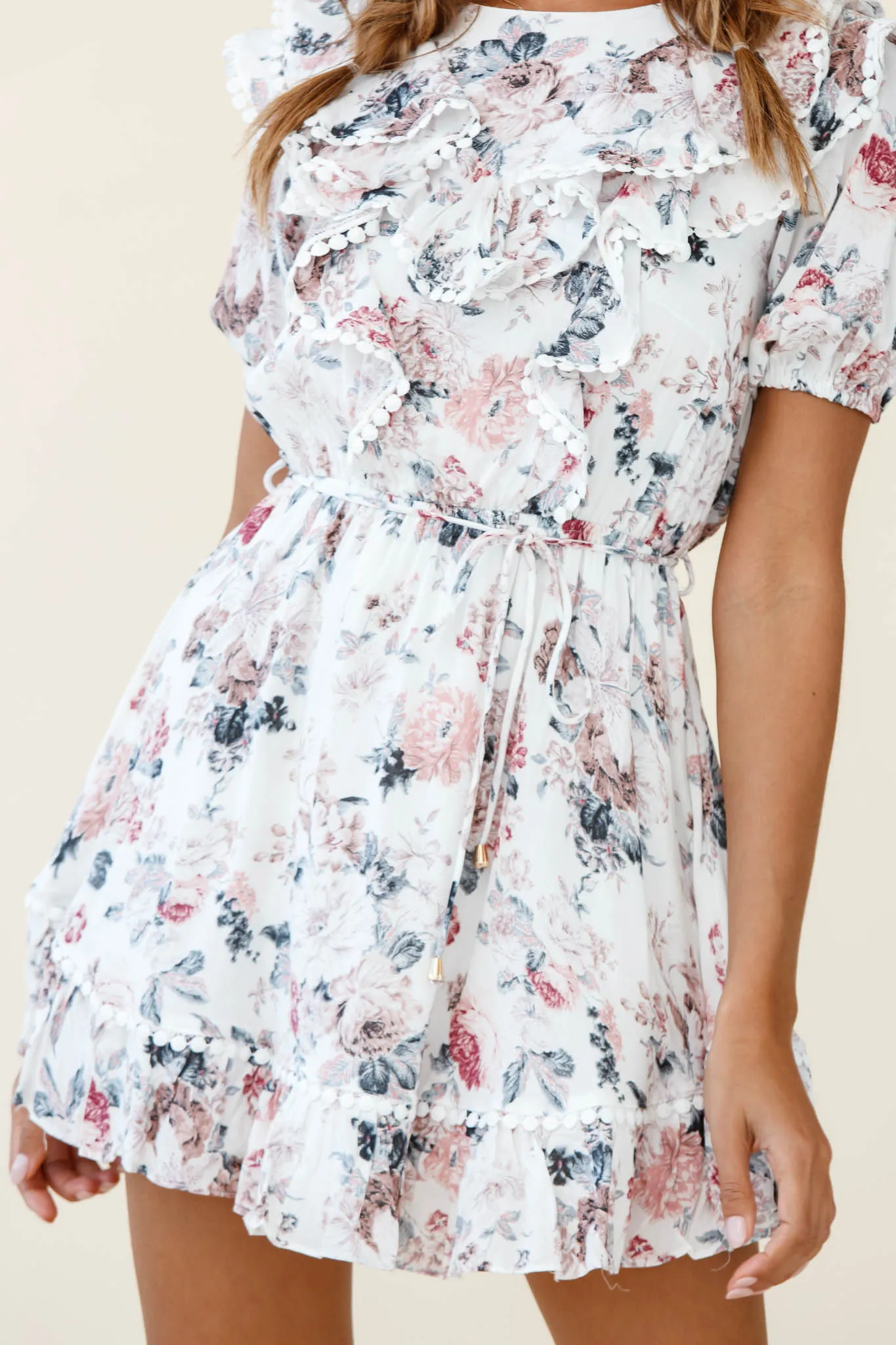 Finders Keepers Ruffle Trim Lace-Up Back Dress Floral Print White