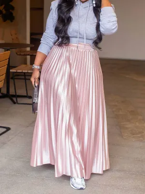 High Waist Metallic Satin Pleated Skirt