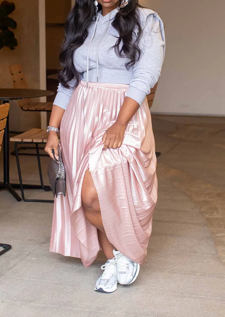 High Waist Metallic Satin Pleated Skirt