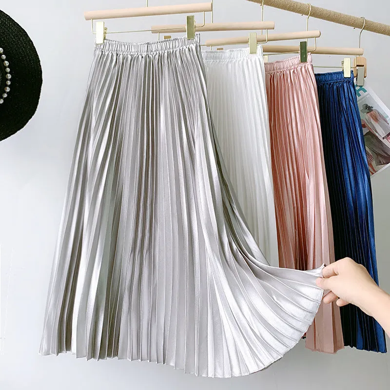 High Waist Metallic Satin Pleated Skirt
