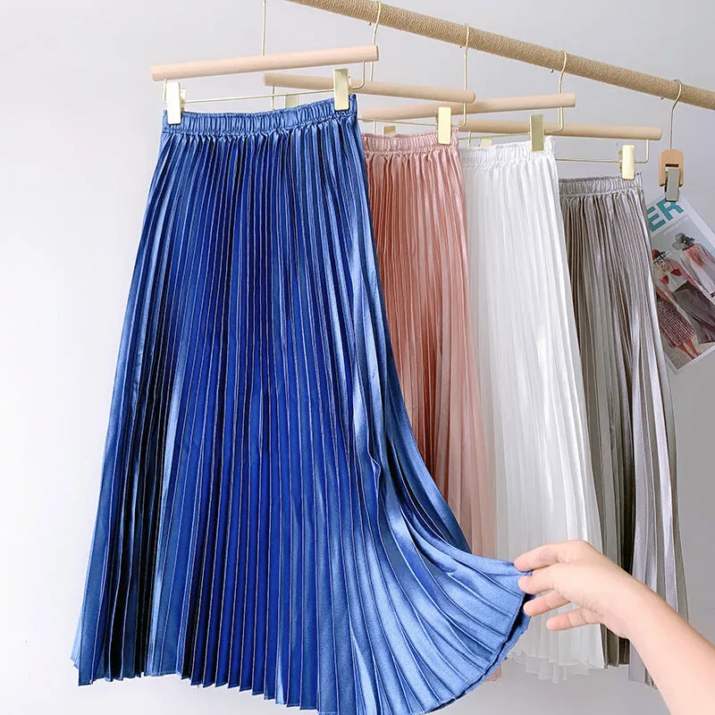High Waist Metallic Satin Pleated Skirt