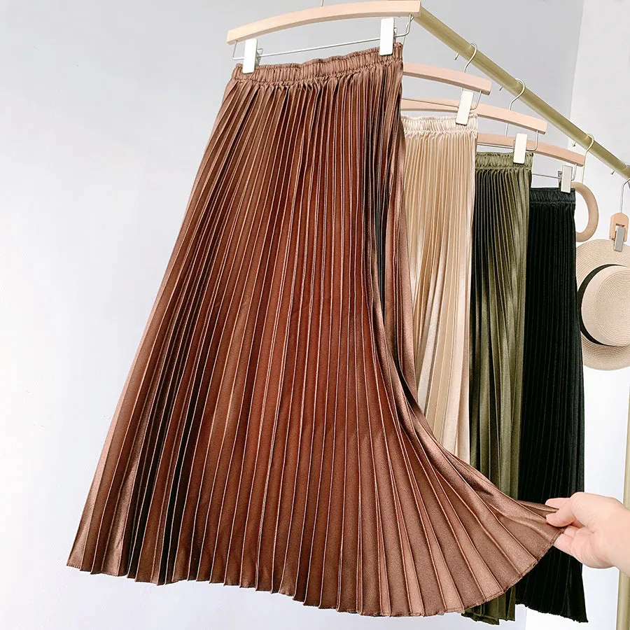 High Waist Metallic Satin Pleated Skirt