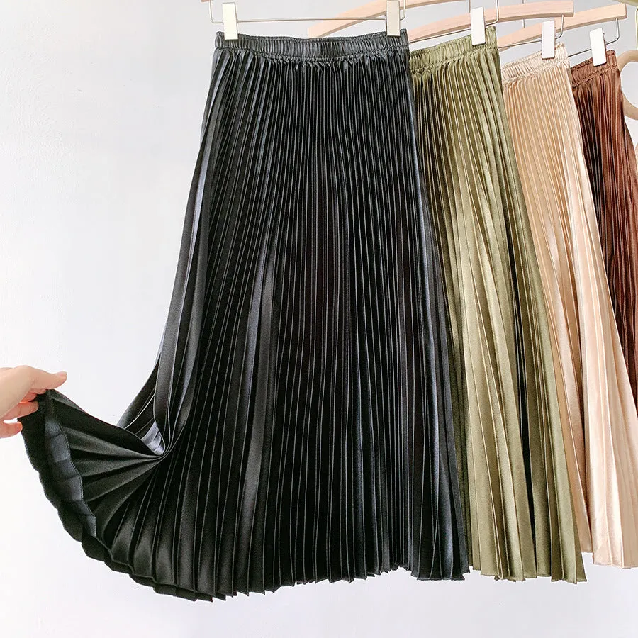 High Waist Metallic Satin Pleated Skirt