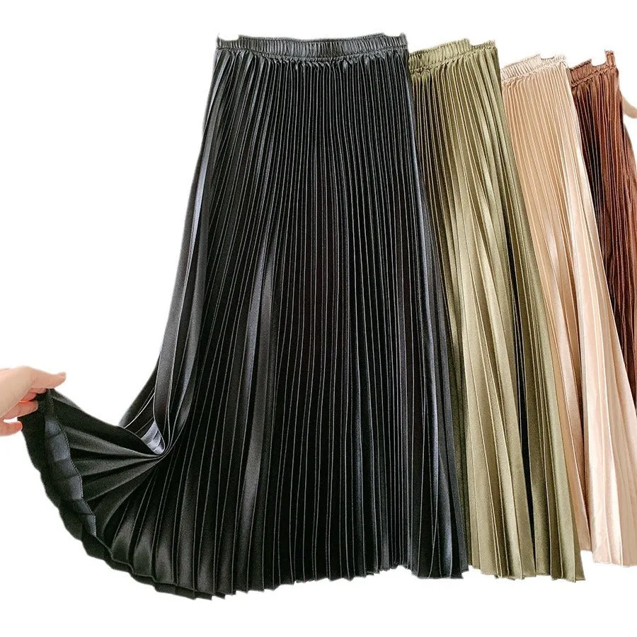 High Waist Metallic Satin Pleated Skirt