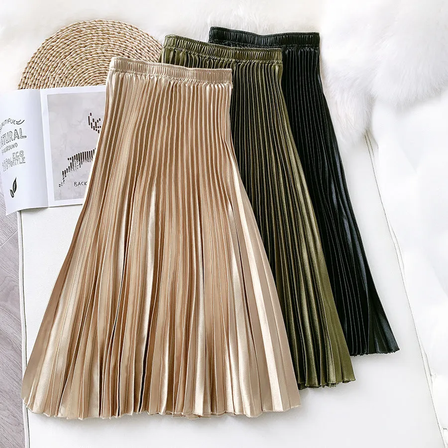 High Waist Metallic Satin Pleated Skirt