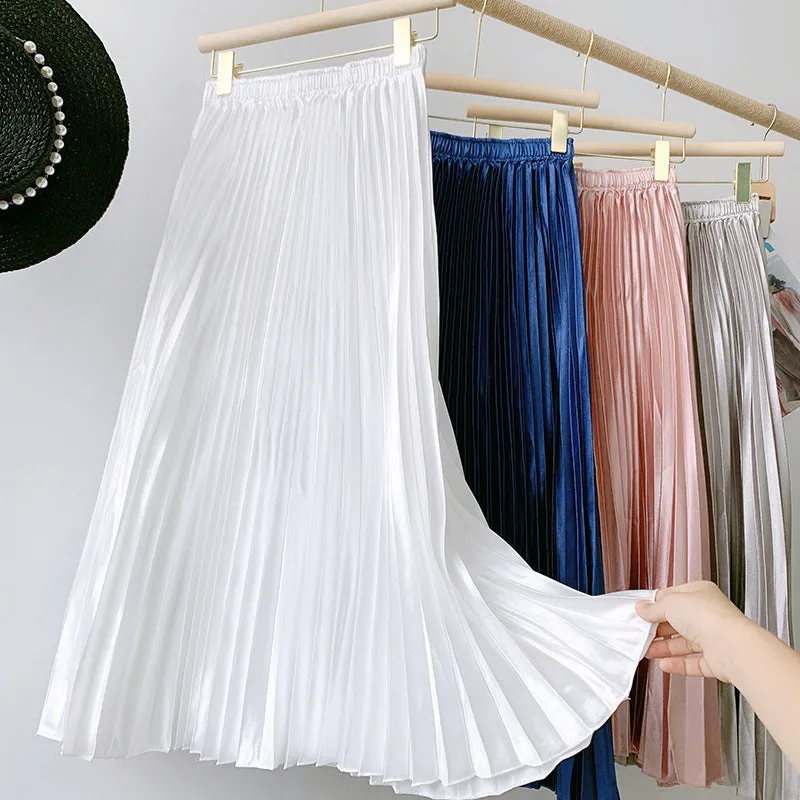 High Waist Metallic Satin Pleated Skirt