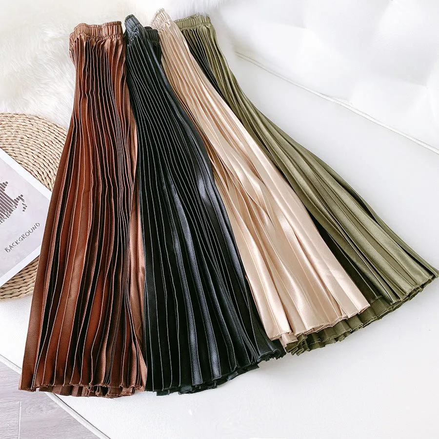 High Waist Metallic Satin Pleated Skirt