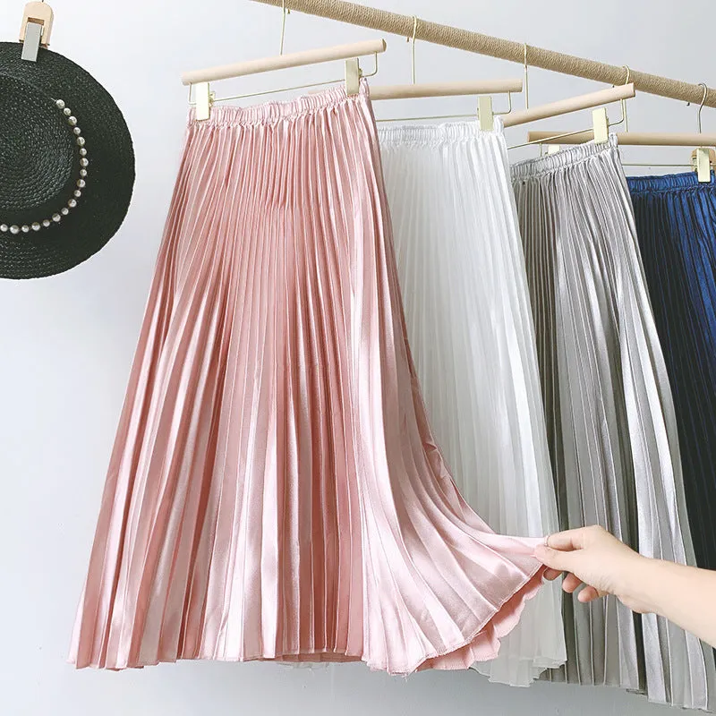 High Waist Metallic Satin Pleated Skirt
