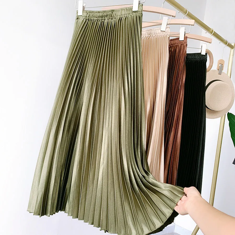 High Waist Metallic Satin Pleated Skirt