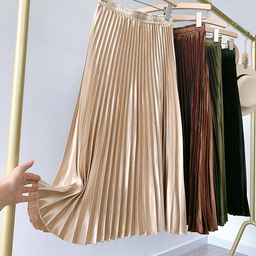 High Waist Metallic Satin Pleated Skirt