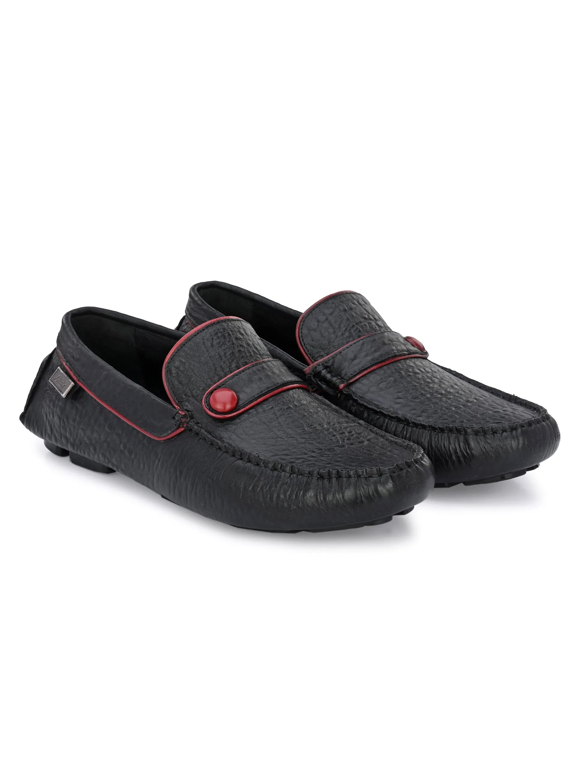Hitz Men's Black Leather Slip On Loafer Shoes