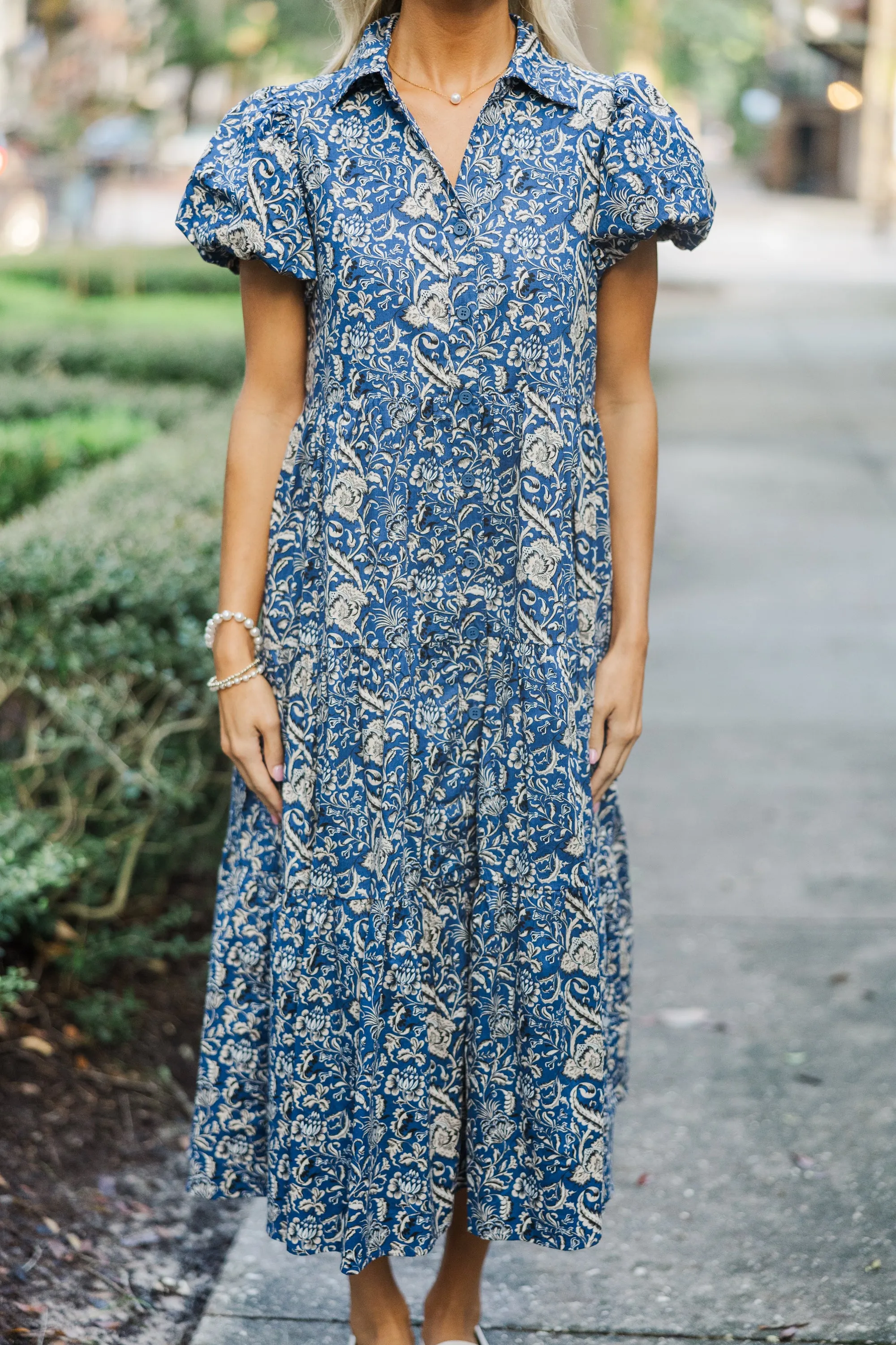 Just So Perfect For You Navy Paisley Button Down Midi Dress