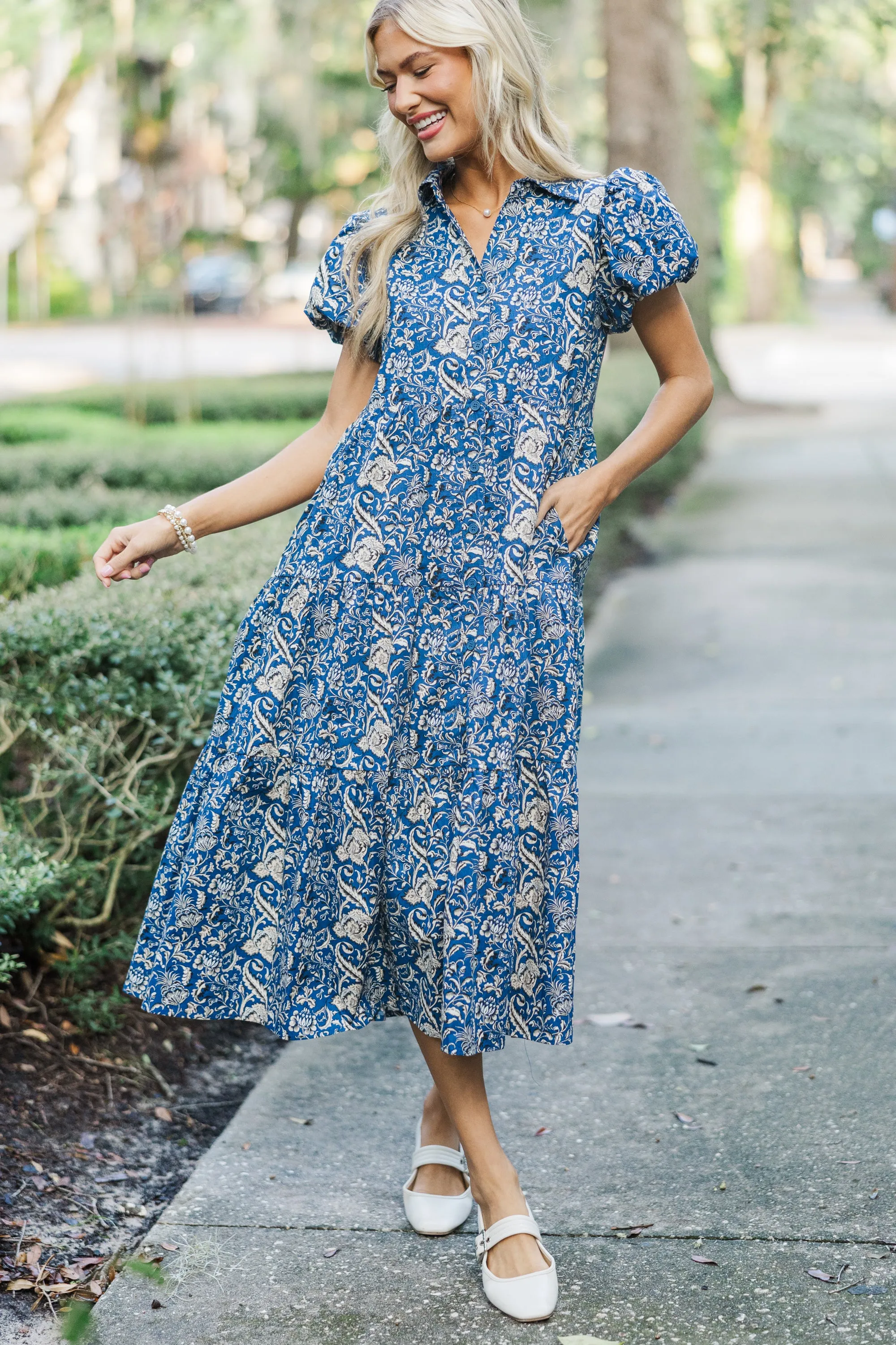 Just So Perfect For You Navy Paisley Button Down Midi Dress