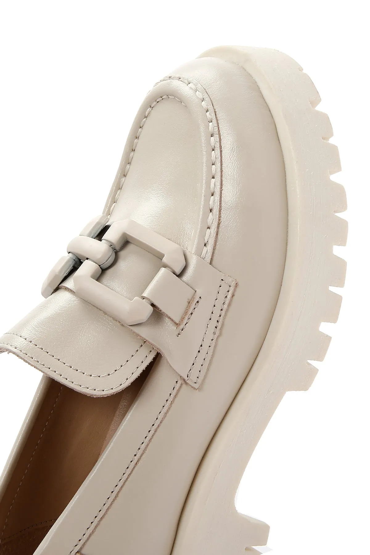 Kadın Krem Deri Maskülen Loafer