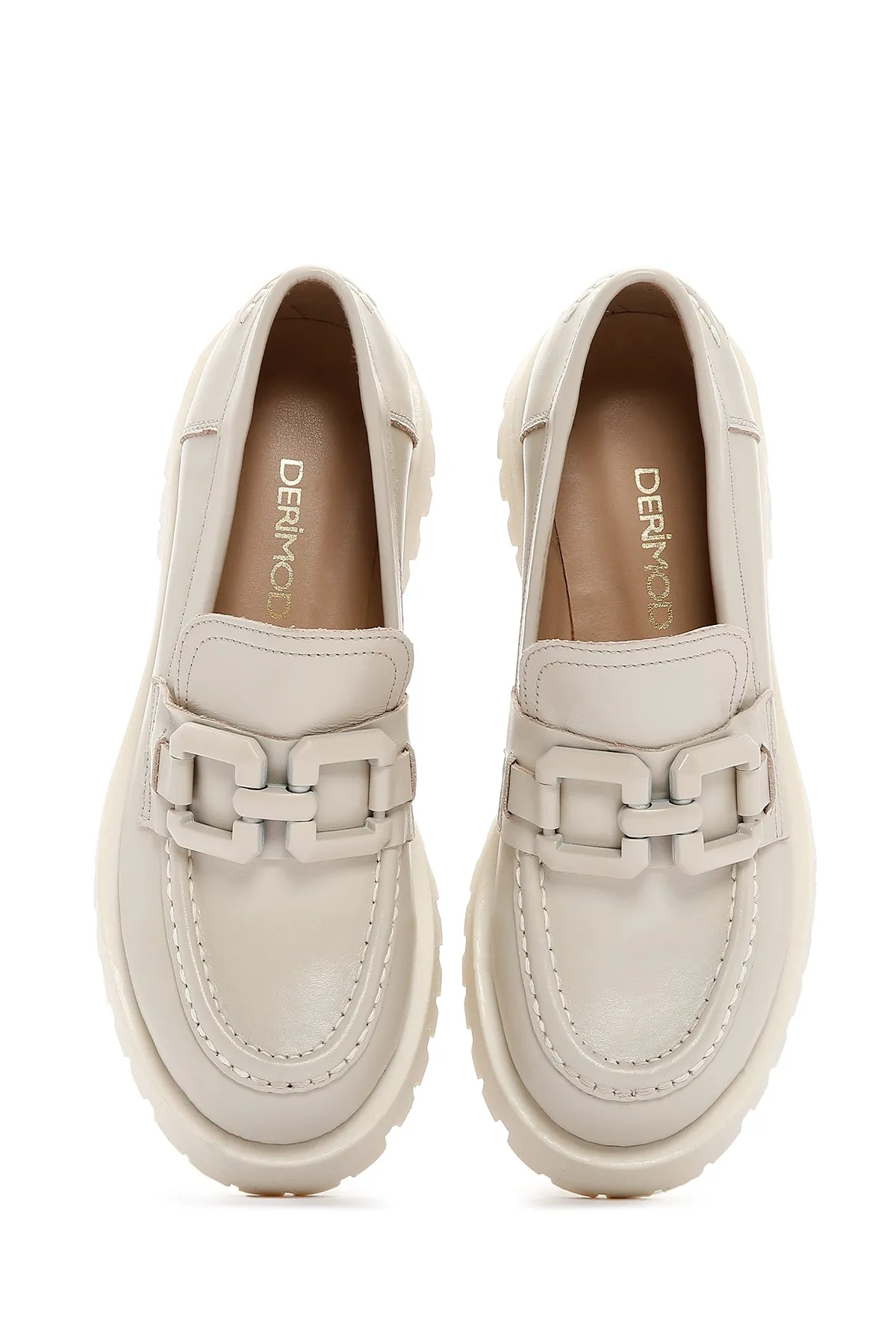 Kadın Krem Deri Maskülen Loafer
