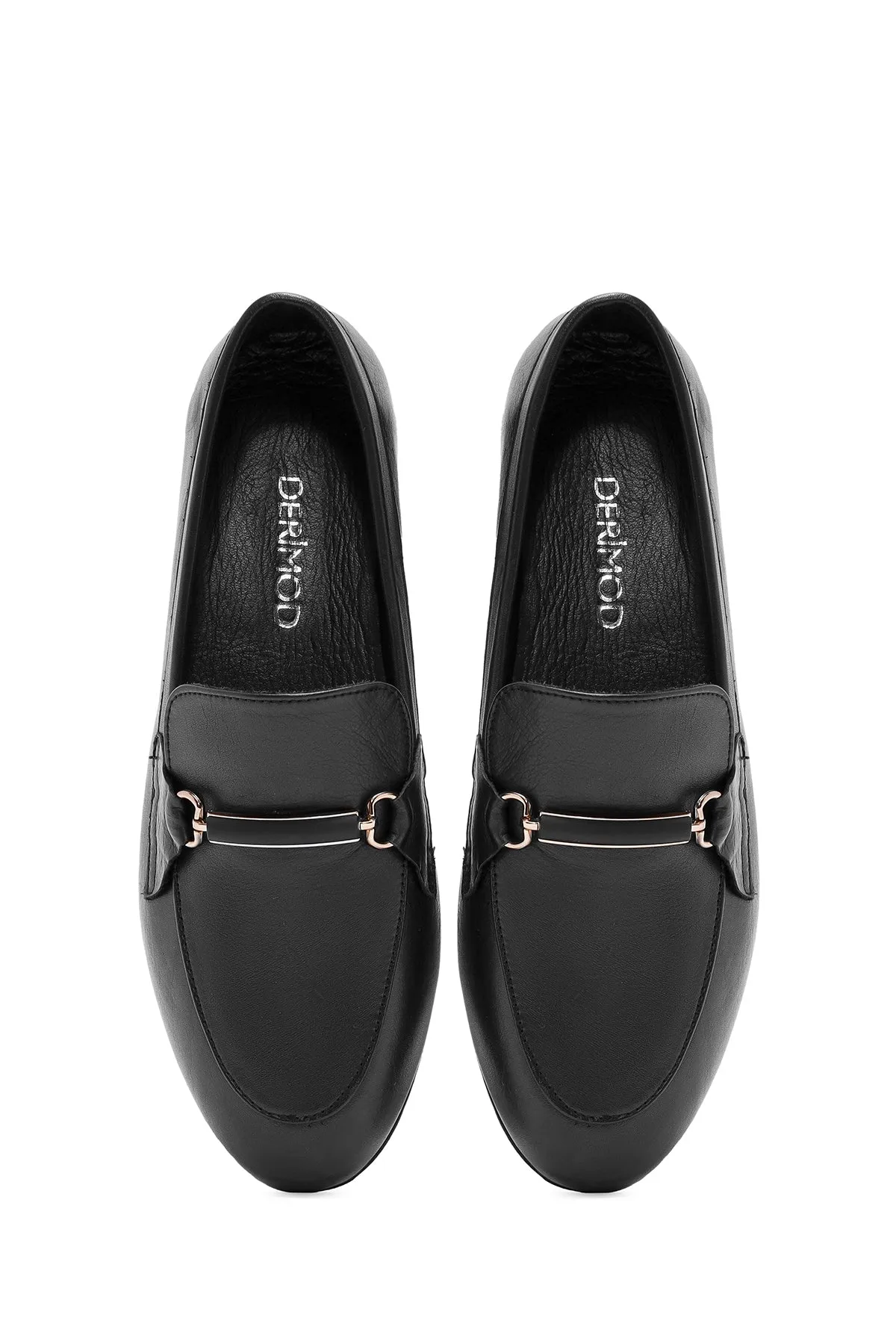 Kadın Siyah Toka Detaylı Deri Maskülen Loafer