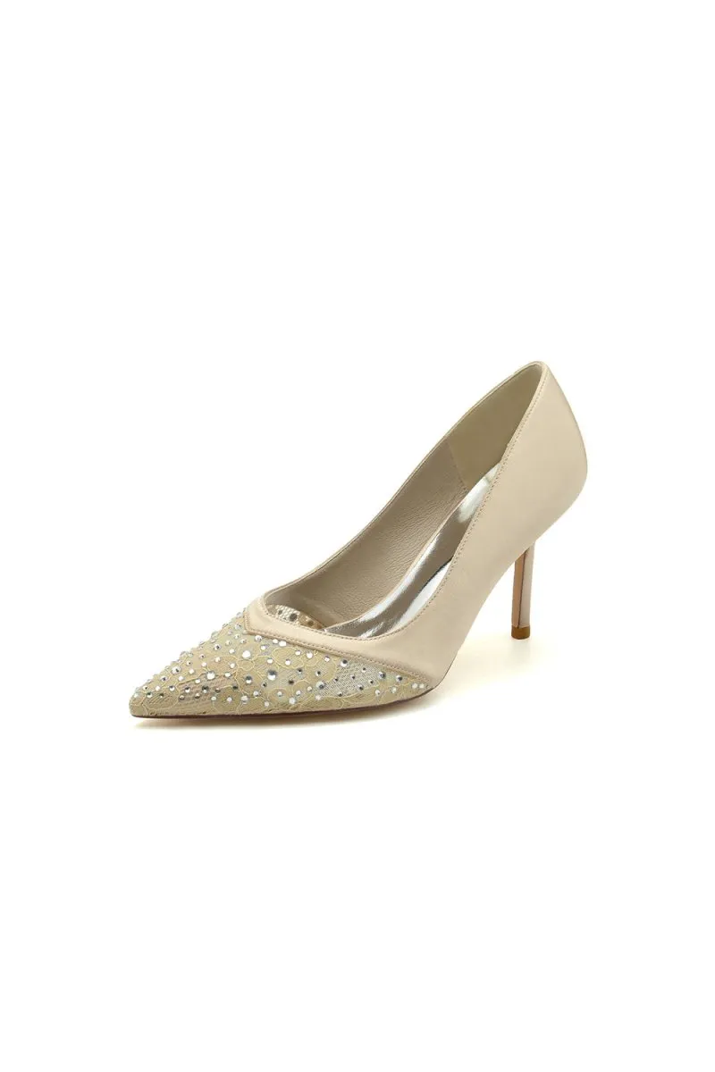 Lace Pointed Toe Beaded Satin Wedding Shoes