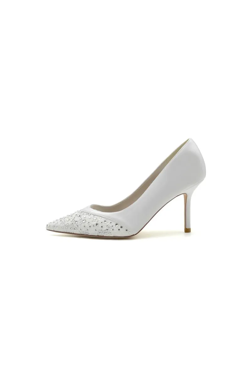 Lace Pointed Toe Beaded Satin Wedding Shoes