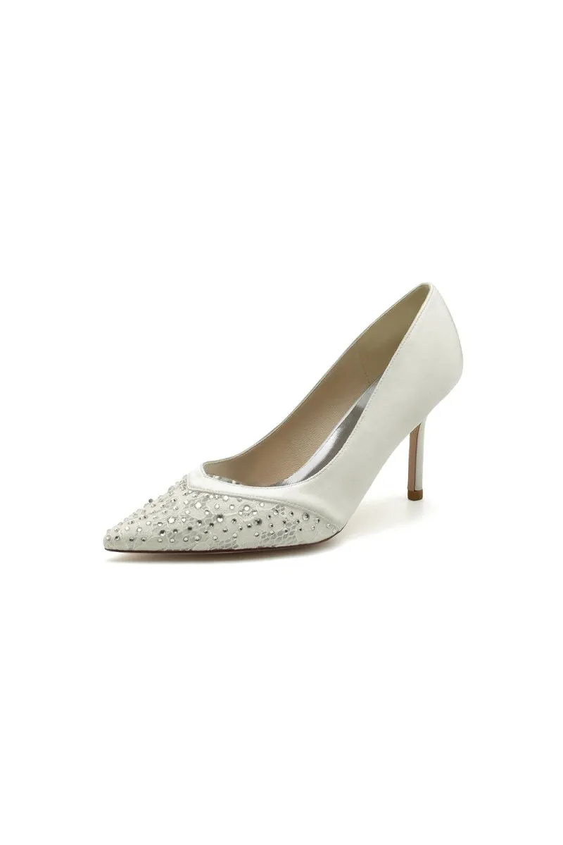 Lace Pointed Toe Beaded Satin Wedding Shoes