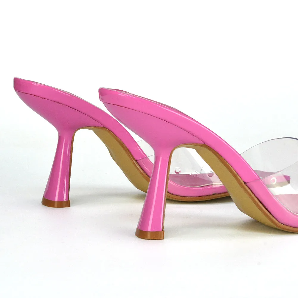 Lacie Square Toe Perspex Thin Block High Heel Mule Sandals in Black Patent