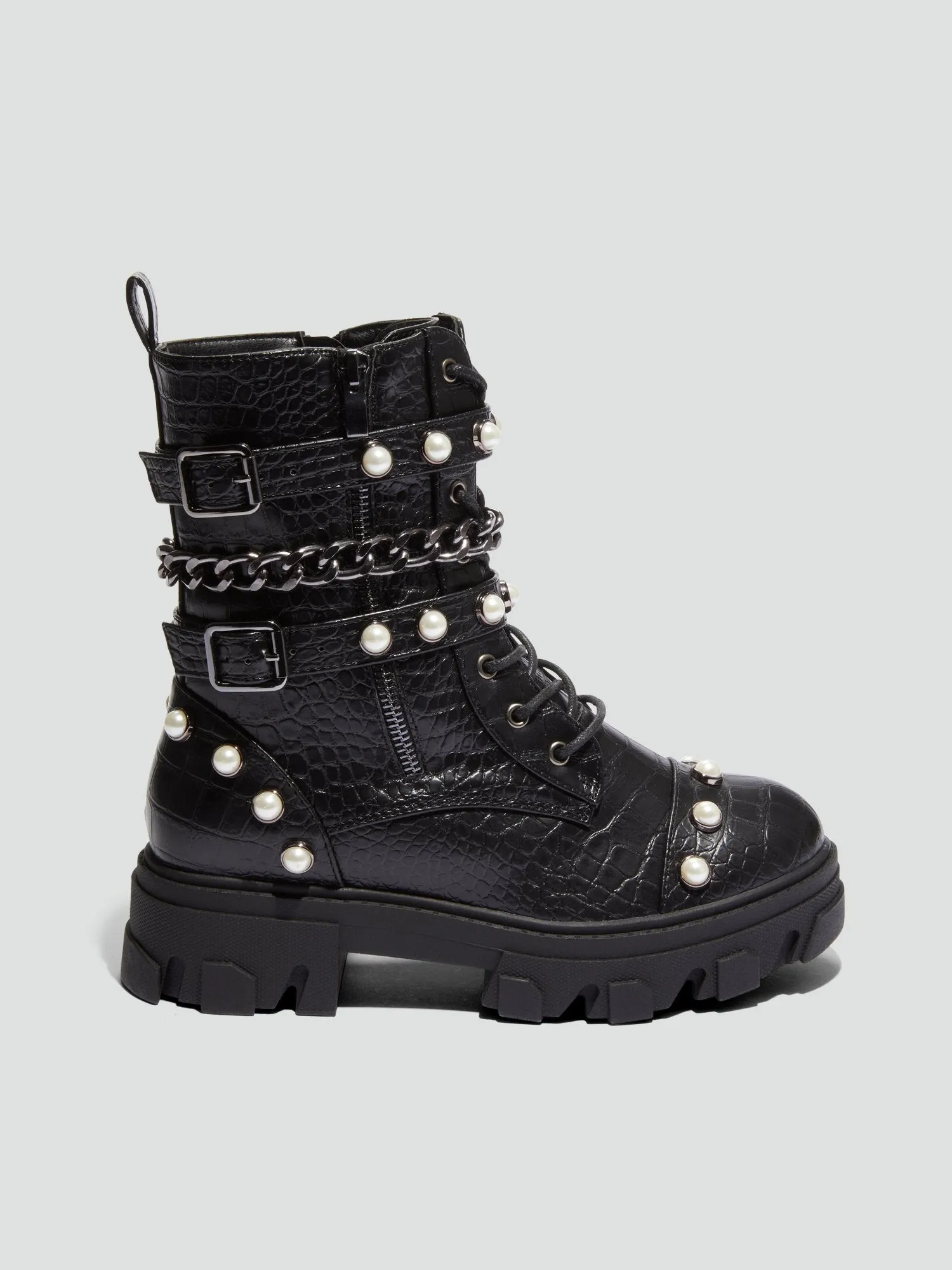 Leila Pearl Studded Lace-Up Boots