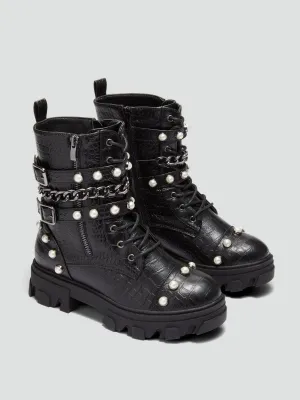 Leila Pearl Studded Lace-Up Boots