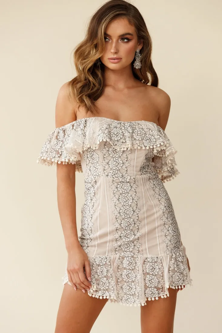Marmont Off Shoulder Floral Lace Detail Dress Nude