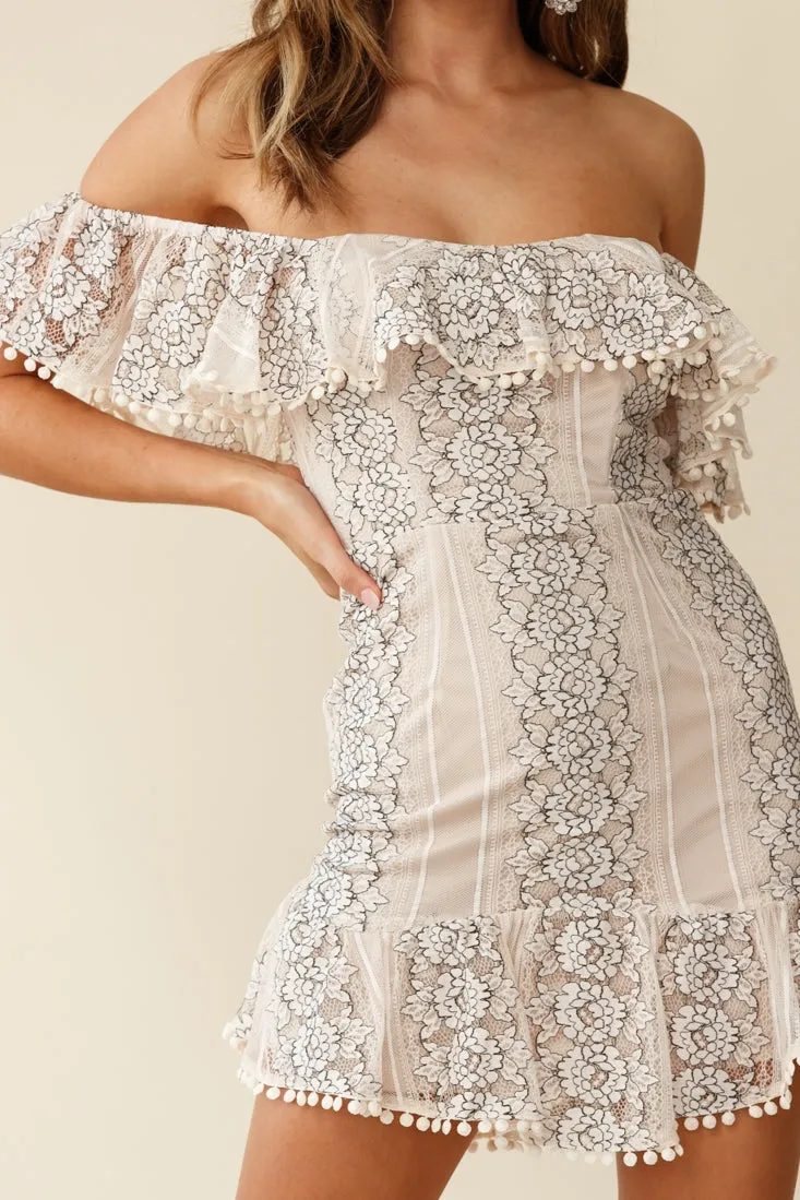 Marmont Off Shoulder Floral Lace Detail Dress Nude
