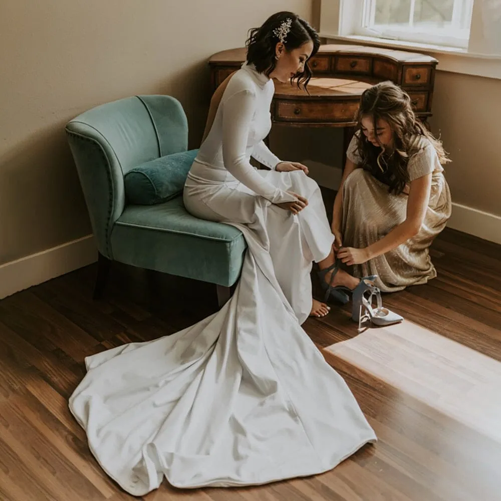 Mermaid White Open Back High Neck Wedding Dress