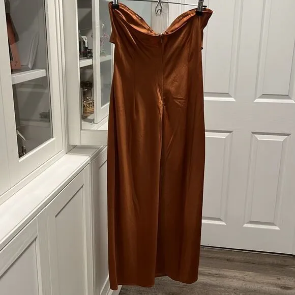 MESHKI (NWT) Harriet Satin Midi High Split Dress, Biscuit, Size L