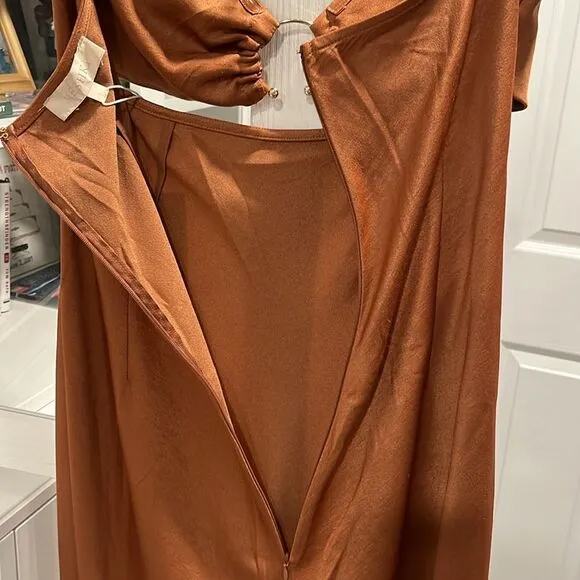 MESHKI (NWT) Harriet Satin Midi High Split Dress, Biscuit, Size L