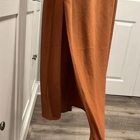 MESHKI (NWT) Harriet Satin Midi High Split Dress, Biscuit, Size L