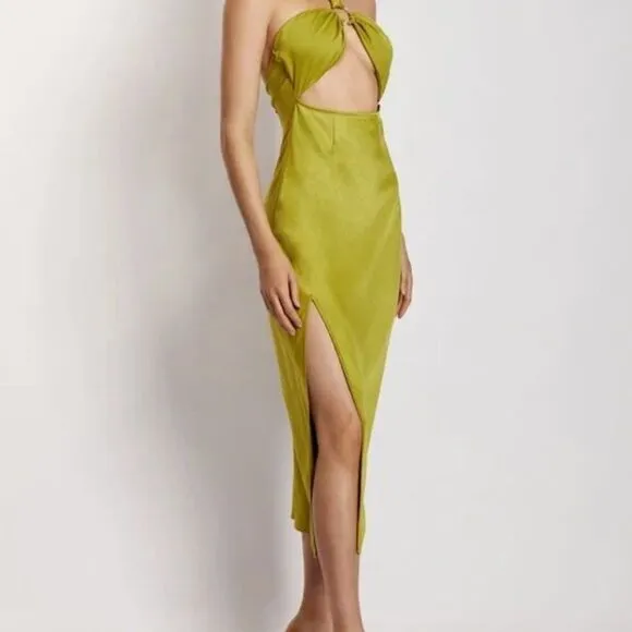 MESHKI (NWT) Harriet Satin Midi High Split Dress, Biscuit, Size L