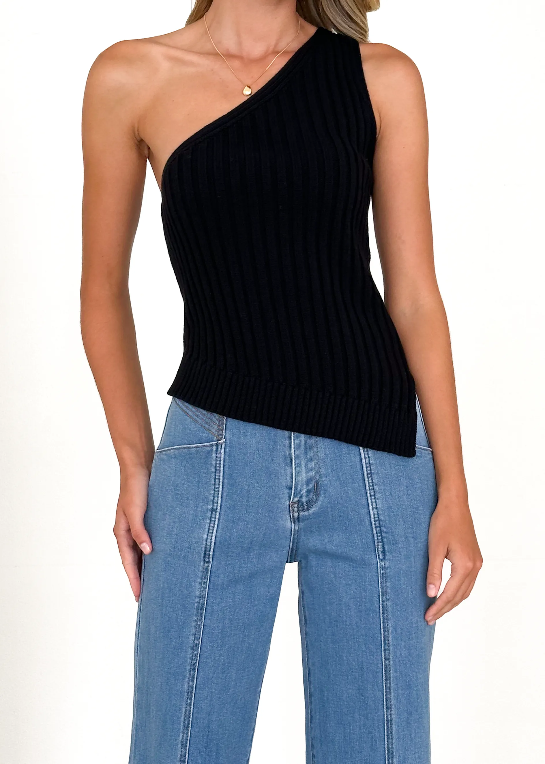 Natalee One Shoulder Knit Top - Black