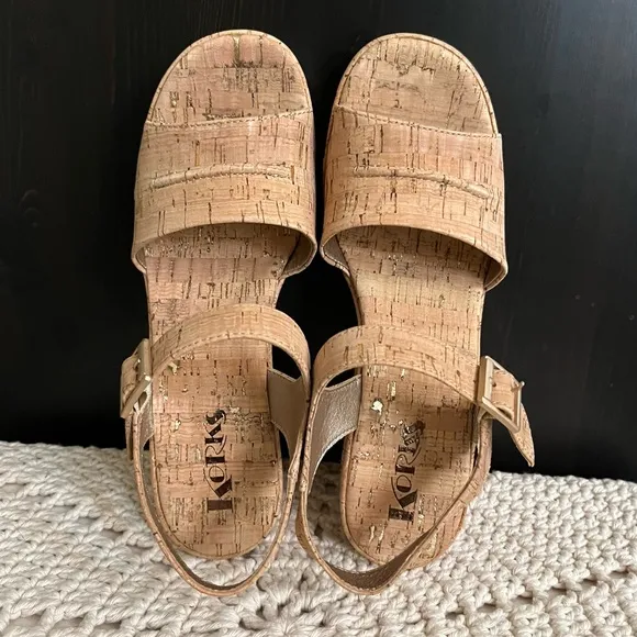 NIB Korks By Kork Ease Bardot II Wedge Heel Sandal Platform Cork Natural size 9