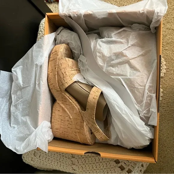 NIB Korks By Kork Ease Bardot II Wedge Heel Sandal Platform Cork Natural size 9