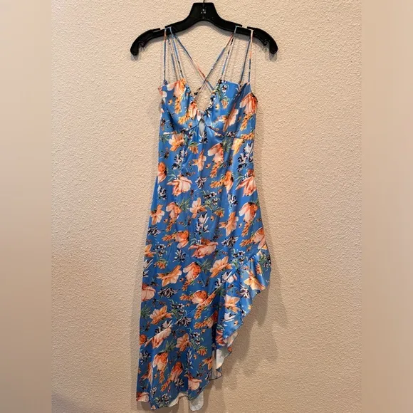 Nookie Revolve Simone Cut Out Dress high low asymmetrical blue floral ruffle