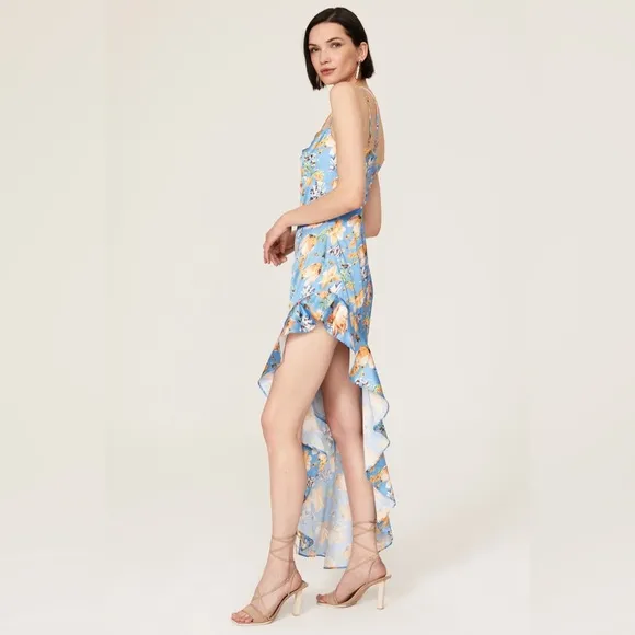 Nookie Revolve Simone Cut Out Dress high low asymmetrical blue floral ruffle