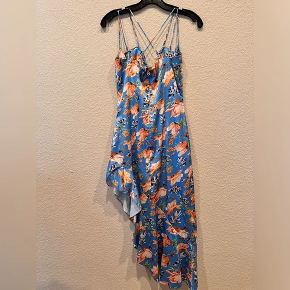 Nookie Revolve Simone Cut Out Dress high low asymmetrical blue floral ruffle