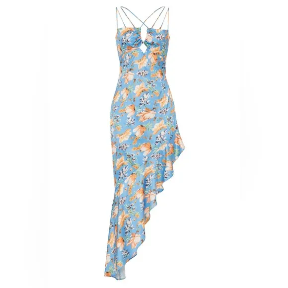 Nookie Revolve Simone Cut Out Dress high low asymmetrical blue floral ruffle