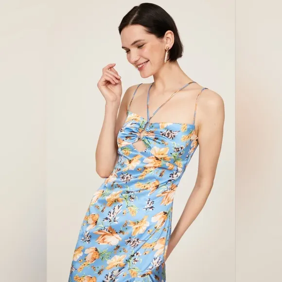 Nookie Revolve Simone Cut Out Dress high low asymmetrical blue floral ruffle