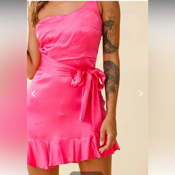 NWT Selfie Leslie DON'T WAIT UP ONE SHOULDER WAIST TIE DRESS HOT PINK