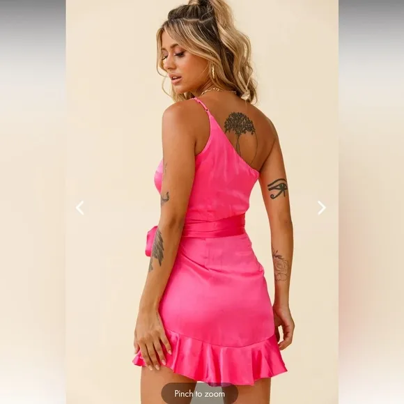 NWT Selfie Leslie DON'T WAIT UP ONE SHOULDER WAIST TIE DRESS HOT PINK