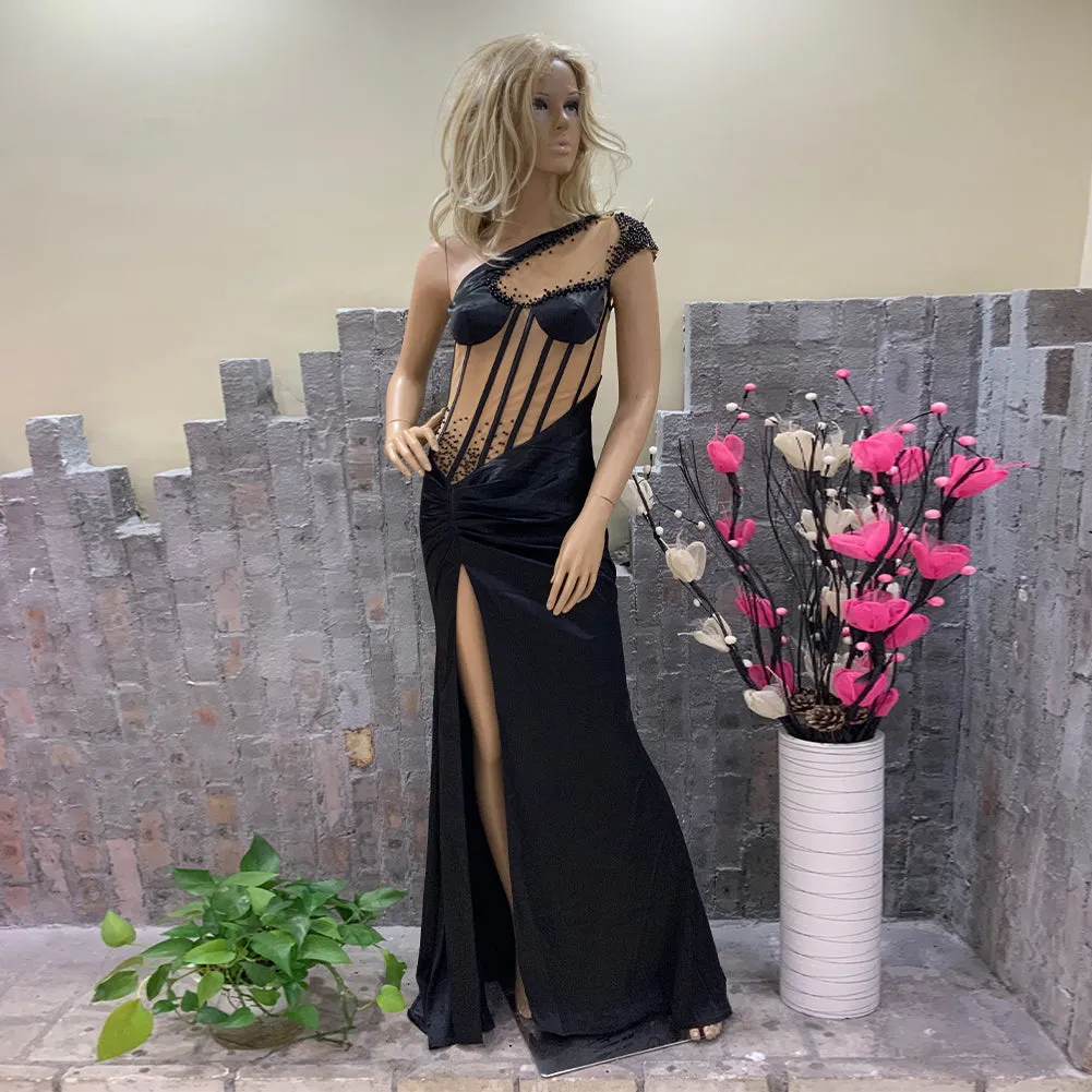 One Shoulder Sleeveless High Split Maxi Bodycon Dress HT1133