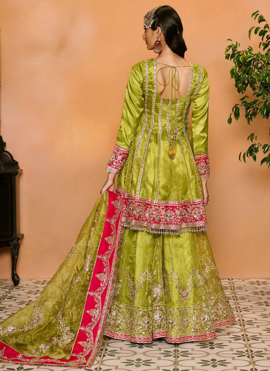 Parrot Green and Hot Pink Embroidered Gharara Suit