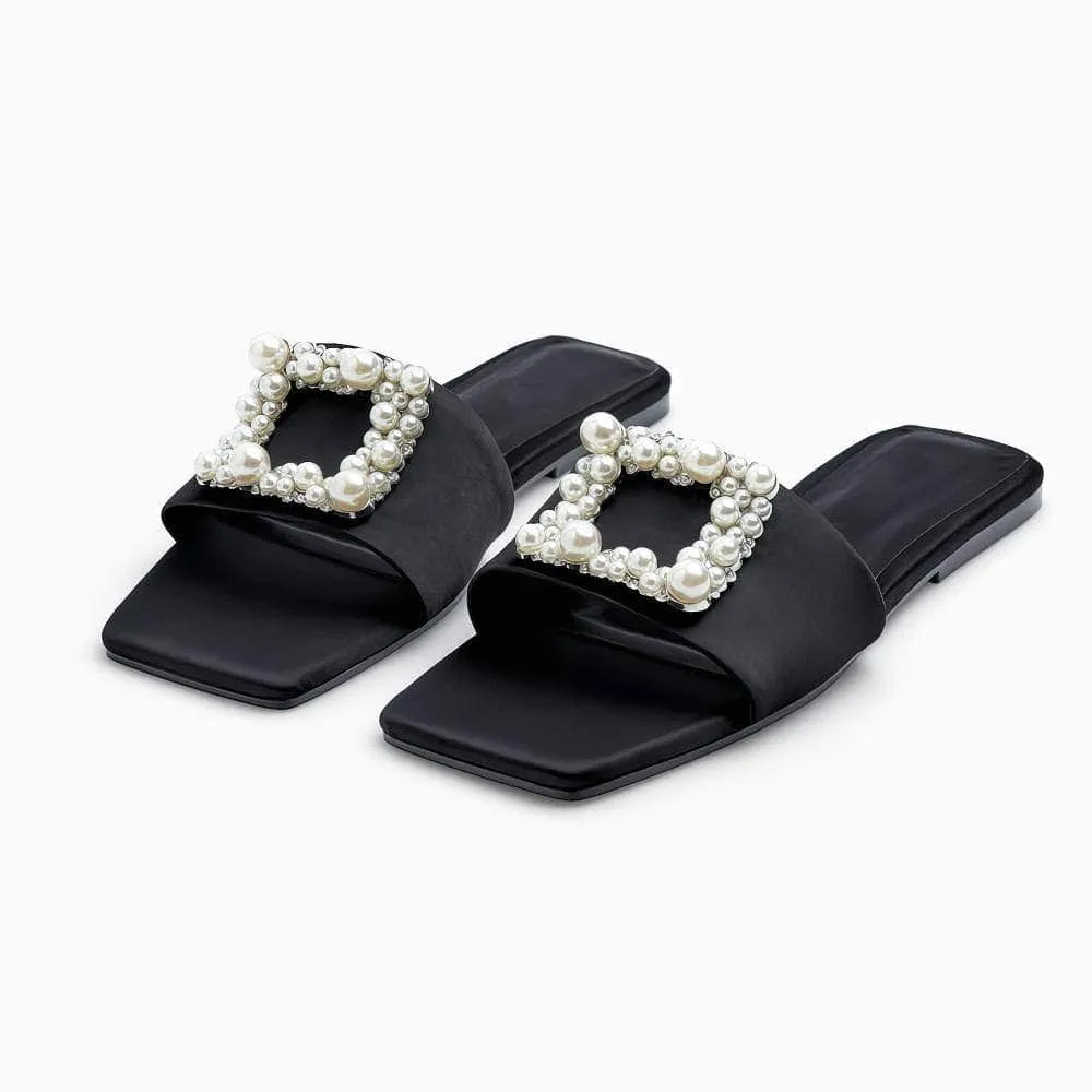 Pearl Rhinestone Decor Slide In Flat Mules